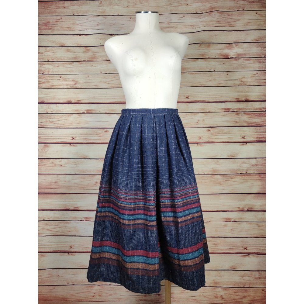 Vintage Century Boston Blue Wool Pleated Plaid/Grid A-Line Midi Dress